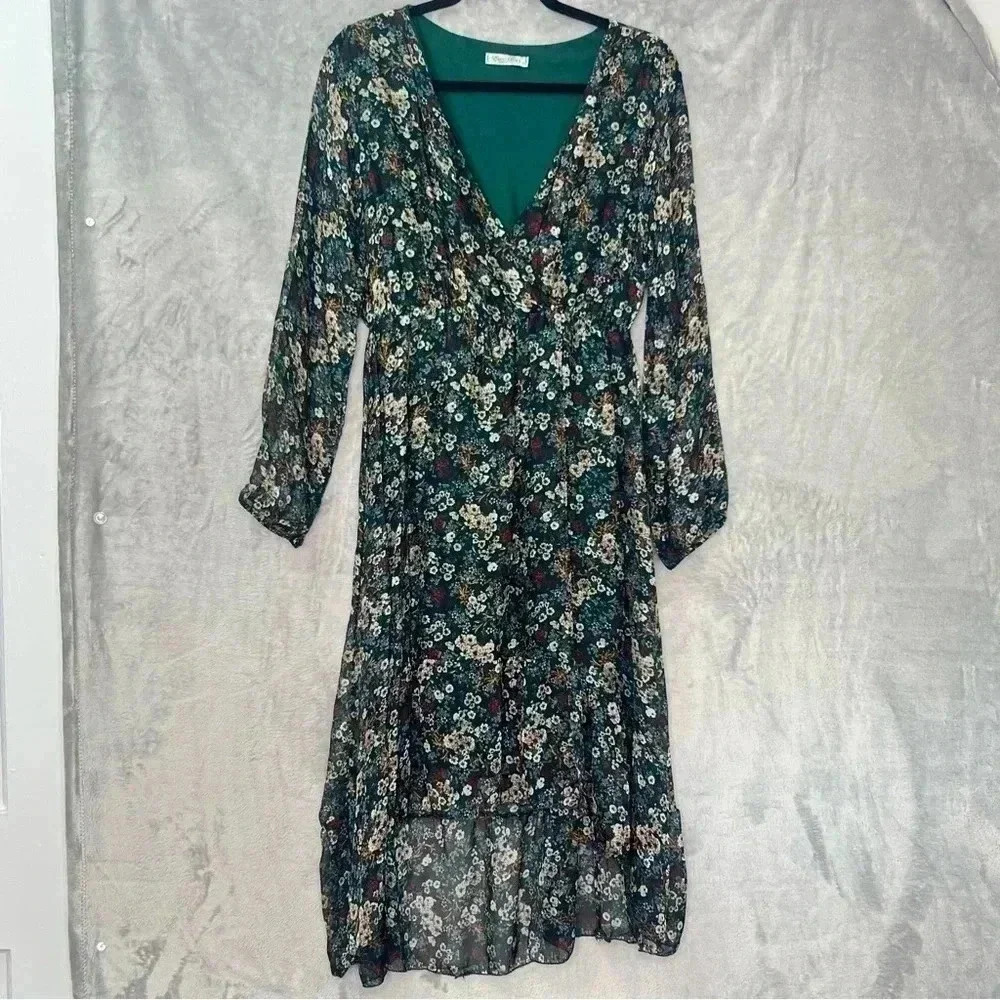 Elena Baldi Silk Blend V-neck Empire‎ Floral Hi-low Midi Dress Green women's XL